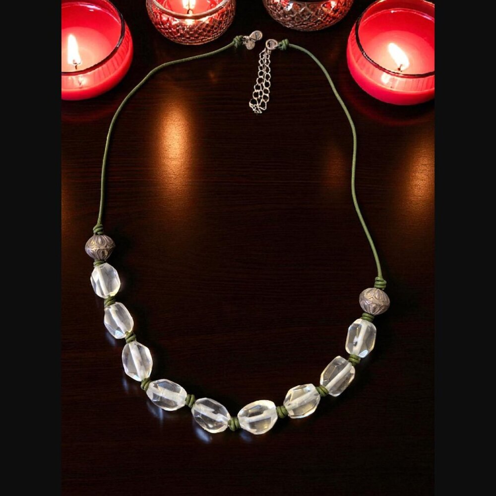 Tiea Rosa 925 Sterling Green Cord Clear Chunky Glass Bead 23.5" Long Necklace